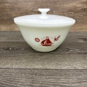 Vintage McKee Milk Glass Red Sailing Boat 8 X4”Mixing Bowl With Lid